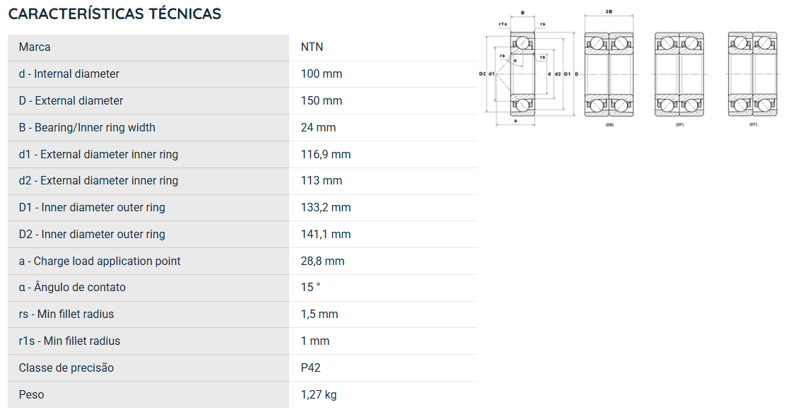 7020UCG/GNP42 NTN ROLAMENTO ESFERAS CONTATO ANGULAR 100X150X24(MM)