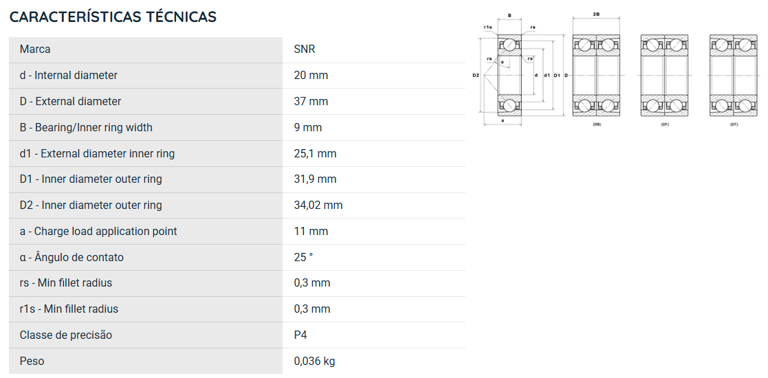 71904HVUJ74 SNR ROLAMENTO ESFERAS CONTATO ANGULAR 20X37X9(MM) =7904
