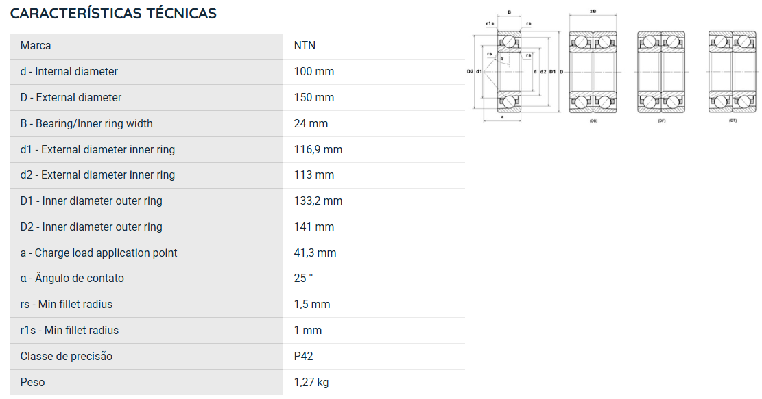 7020UADG/GNP42 NTN ROLAMENTO ESFERAS CONTATO ANGULAR 100X150X24(MM)