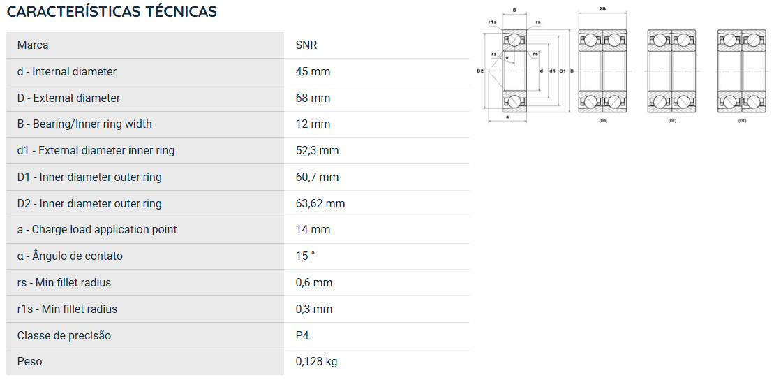 71909CVUJ74 SNR ROLAMENTO ESFERAS CONTATO ANGULAR 45X68X12(MM) =7909