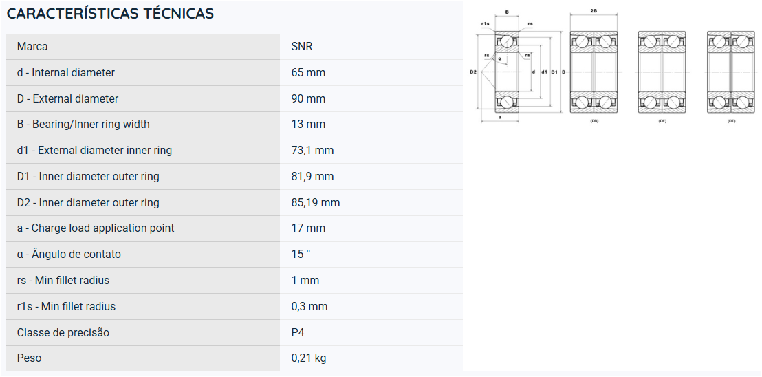 71913CVUJ74 SNR ROLAMENTO ESFERAS CONTATO ANGULAR 65X90X13 = 7913