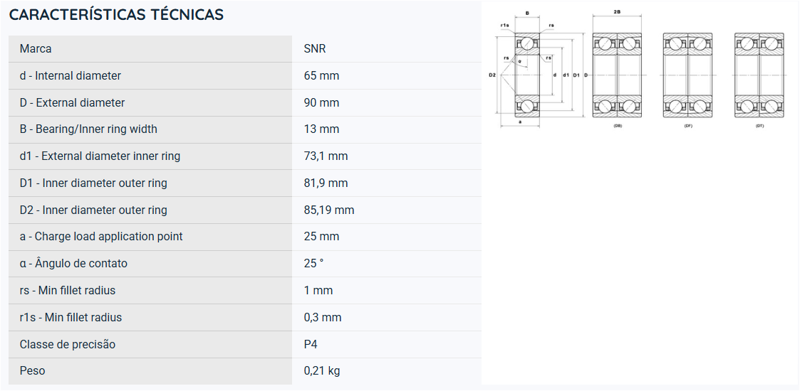 71913HVUJ74 SNR ROLAMENTO ESFERAS CONTATO ANGULAR 65X90X13 = 7913