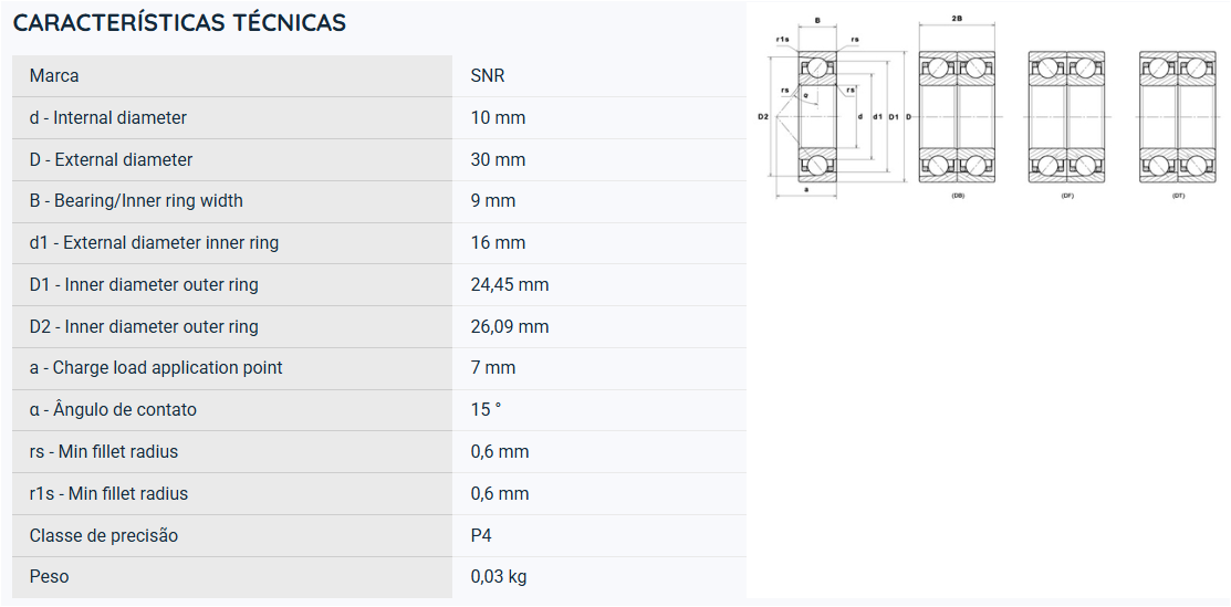 7200CG1UJ74 SNR ROLAMENTO ESFERAS CONTATO ANGULAR 10X30X9(MM)