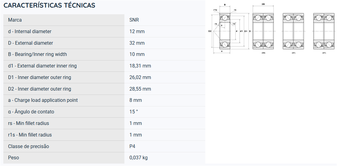 7201CG1UJ74 SNR ROLAMENTO ESFERAS CONTATO ANGULAR 12X32X10(MM)