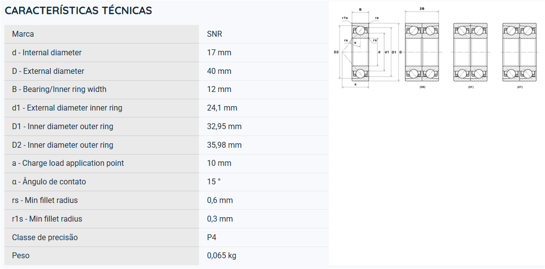 7203CG1UJ74 SNR ROLAMENTO ESFERAS CONTATO ANGULAR 17X40X12(MM)