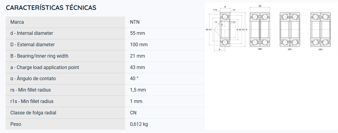 7211BL1G NTN ROLAMENTO ESFERAS CONTATO ANGULAR 55X100X21(MM)