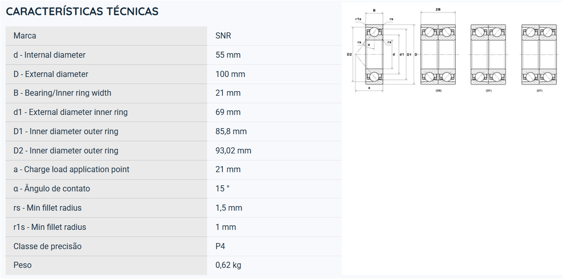 7211CG1UJ74 SNR ROLAMENTO ESFERAS CONTATO ANGULAR 55X100X21(MM)