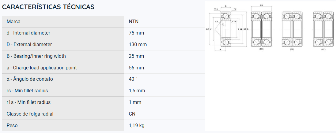 7215BL1G NTN ROLAMENTO ESFERAS CONTATO ANGULAR 75X130X25(MM)