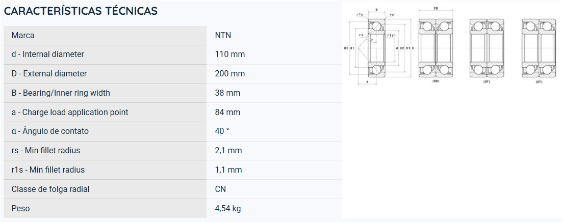 7222BG NTN ROLAMENTO ESFERAS CONTATO ANGULAR 110X200X38(MM)