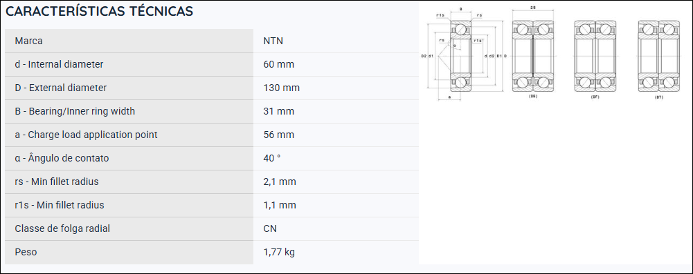 7312BL1G NTN ROLAMENTO ESFERAS CONTATO ANGULAR 60X130X31(MM)