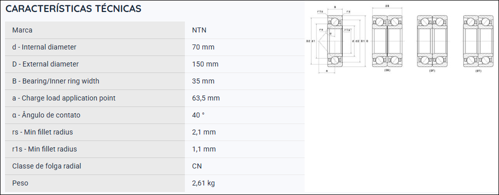 7314BL1G NTN ROLAMENTO ESFERAS CONTATO ANGULAR 70X150X35(MM)