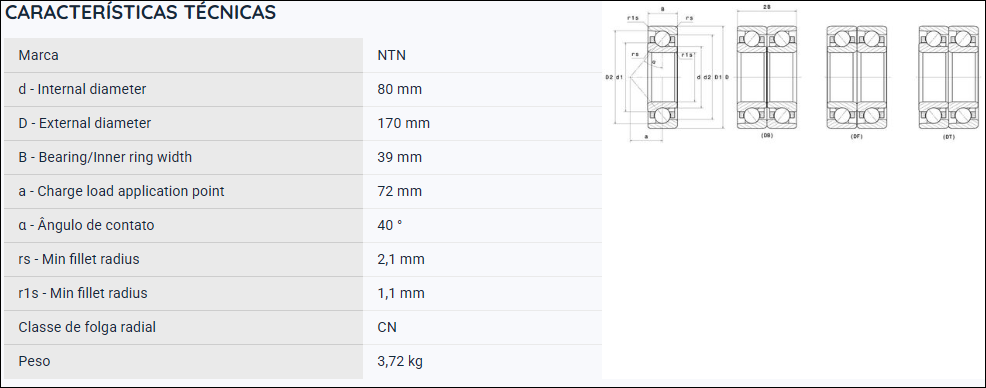 7316BL1G NTN ROLAMENTO ESFERAS CONTATO ANGULAR 80X170X39(MM)
