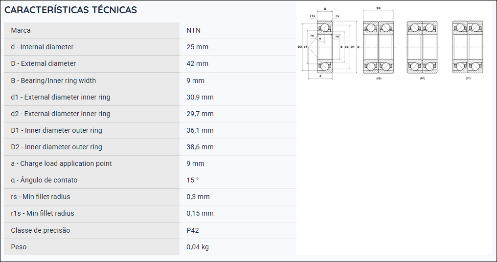 7905UCG/GNP42 NTN ROLAMENTO ESFERAS CONTATO ANGULAR 25X42X9(MM) =71905