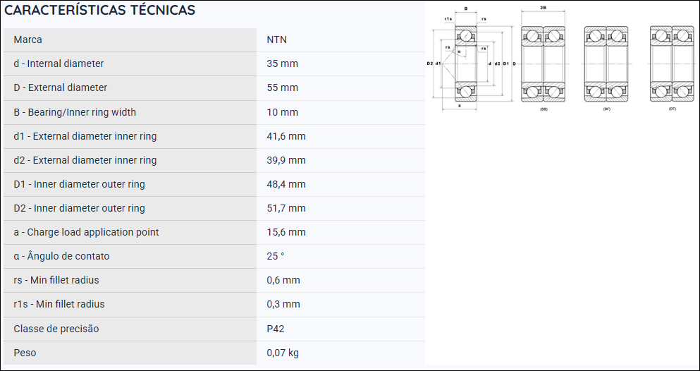 7907UADG/GLP42U3G NTN ROLAMENTO ESFERAS CONTATO ANGULAR 35X55X10(MM) =71907