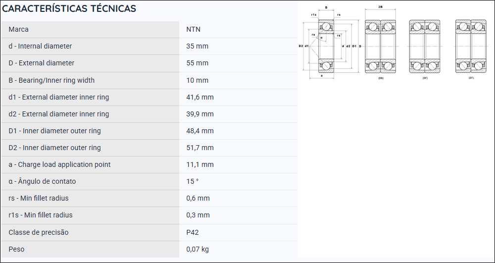 7907UCG/GNP42 NTN ROLAMENTO ESFERAS CONTATO ANGULAR 35X55X10(MM) =71907