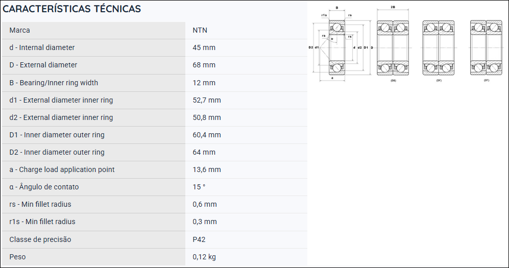 7909UCG/GNP42 NTN ROLAMENTO ESFERAS CONTATO ANGULAR 45X68X12(MM) =71909
