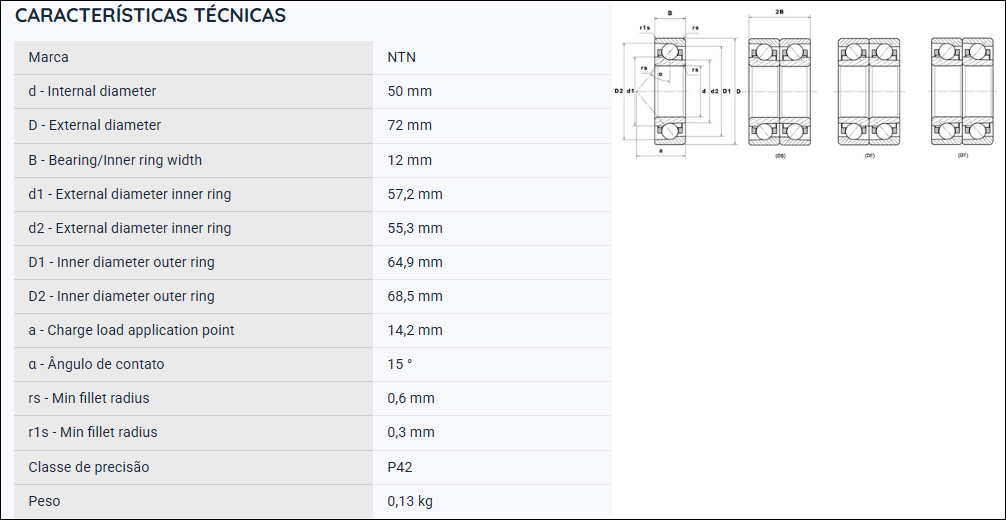 7910UCG/GNP42 NTN ROLAMENTO ESFERAS CONTATO ANGULAR 50X72X12(MM) =71910