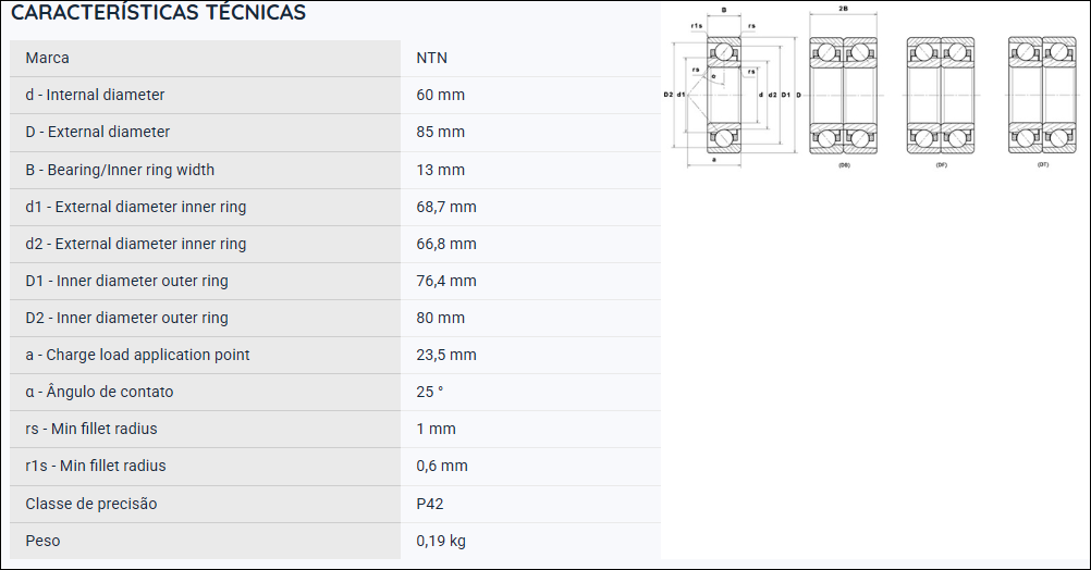 7912UADG/GNP42 NTN ROLAMENTO ESFERAS CONTATO ANGULAR 60X85X13 =7912