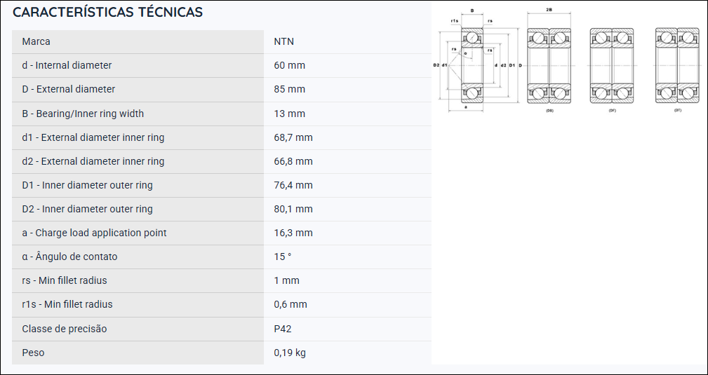 7912UCG/GNP42 NTN ROLAMENTO ESFERAS CONTATO ANGULAR 60X85X13 =7912