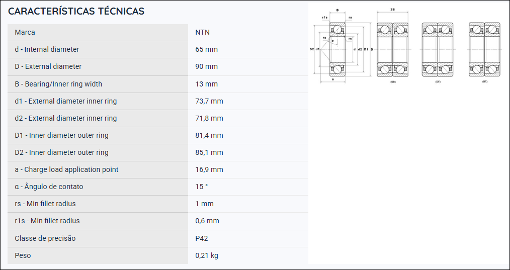 7913UCG/GNP42 NTN ROLAMENTO ESFERAS CONTATO ANGULAR 65X90X13MM