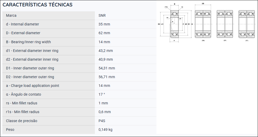 ML7007CVUJ74S SNR ROLAMENTO ESFERAS CONTATO ANGULAR 35X62X14(MM)