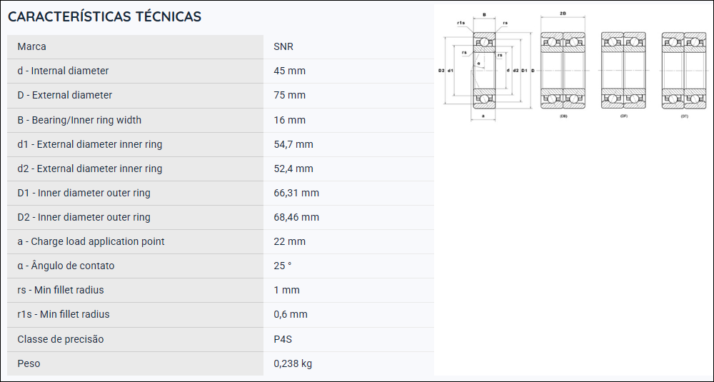 ML7009HVUJ74S SNR ROLAMENTO ESFERAS CONTATO ANGULAR 45X75X16(MM)
