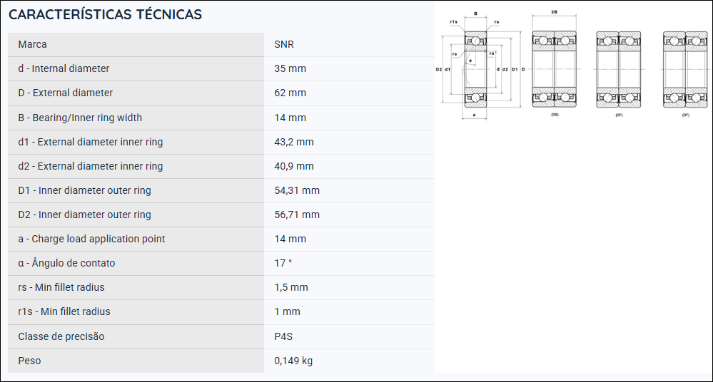 MLCH7007CVDUJ74S SNR ROLAMENTO ESFERAS CONTATO ANGULAR 35X62X14(MM)