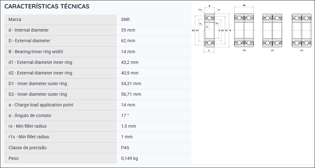 MLCH7007CVUJ74S SNR ROLAMENTO ESFERAS CONTATO ANGULAR 35X62X14(MM)