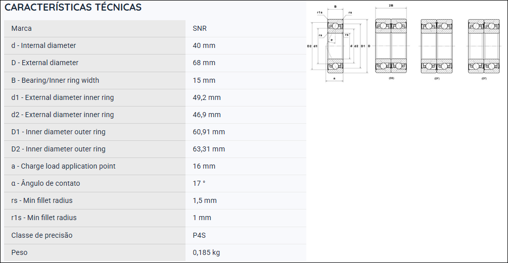 MLCH7008CVUJ74S SNR ROLAMENTO ESFERAS CONTATO ANGULAR 40X68X15(MM)