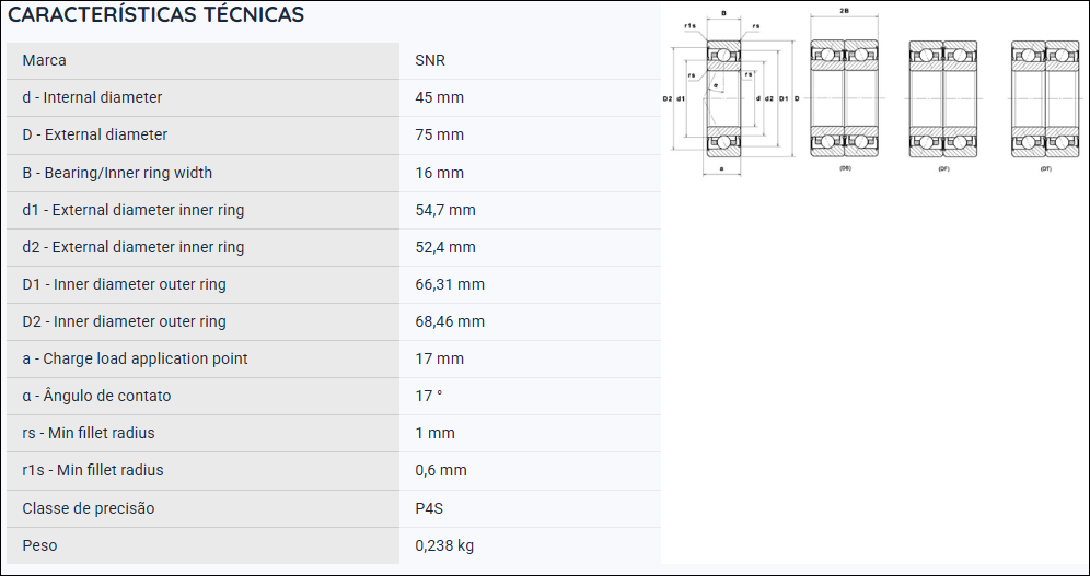 MLCH7009CVUJ74S SNR ROLAMENTO ESFERAS CONTATO ANGULAR 45X75X16(MM)