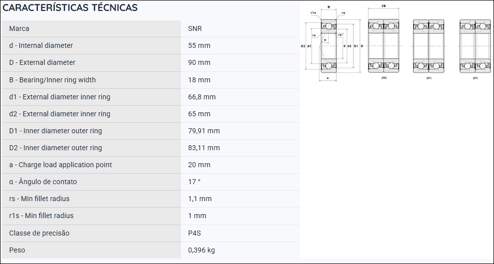 MLE7011CVUJ74S SNR ROLAMENTO ESFERAS CONTATO ANGULAR 55X90X18(MM)