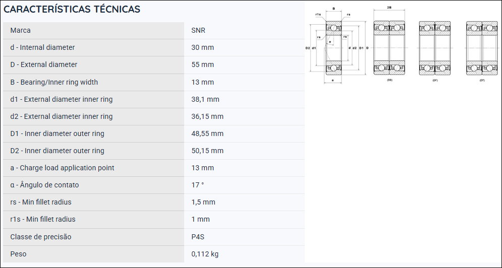 MLECH7006CVUJ74S SNR ROLAMENTO ESFERAS CERAMICA CONTATO ANGULAR 30X55X13(MM)VEDADO