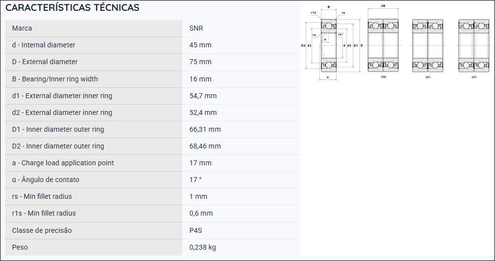 MLECH7009CVDUJ74S SNR ROLAMENTO ESFERAS CERAMICA CONTATO ANGULAR  45X75X16(MM))VEDADO