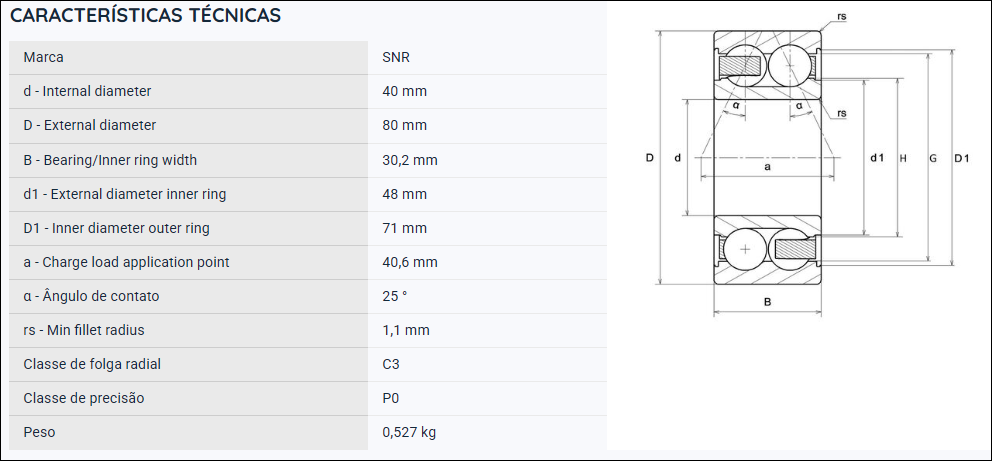 3208AC3 SNR ROLAMENTO INDUSTRIAL DE DUAS CARREIRAS DE ESFERAS CONTATO ANGULAR 40X80X30,2MM