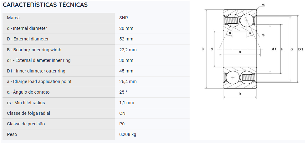 3304A SNR ROLAMENTO INDUSTRIAL DE DUAS CARREIRAS DE ESFERAS CONTATO ANGULAR 20X52X22,2MM
