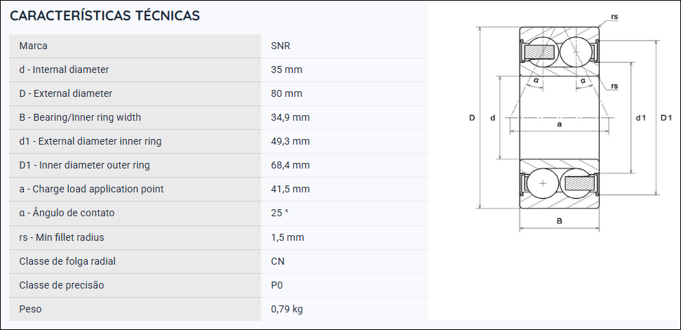 5307ZZG15 SNR ROLAMENTO INDUSTRIAL DE DUAS CARREIRAS DE ESFERAS CONTATO ANGULAR 35X80X34,9MM