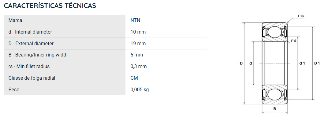 6800ZZ NTN ROLAMENTO INDUSTRIAL FIXO ESFERAS 10X19X5(MM) =61800