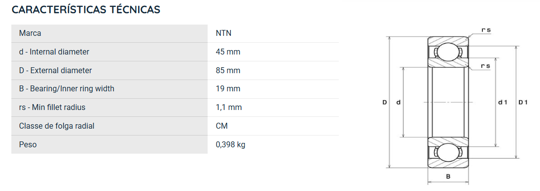 6209 NTN ROLAMENTO INDUSTRIAL FIXO ESFERAS 45X85X19(MM)