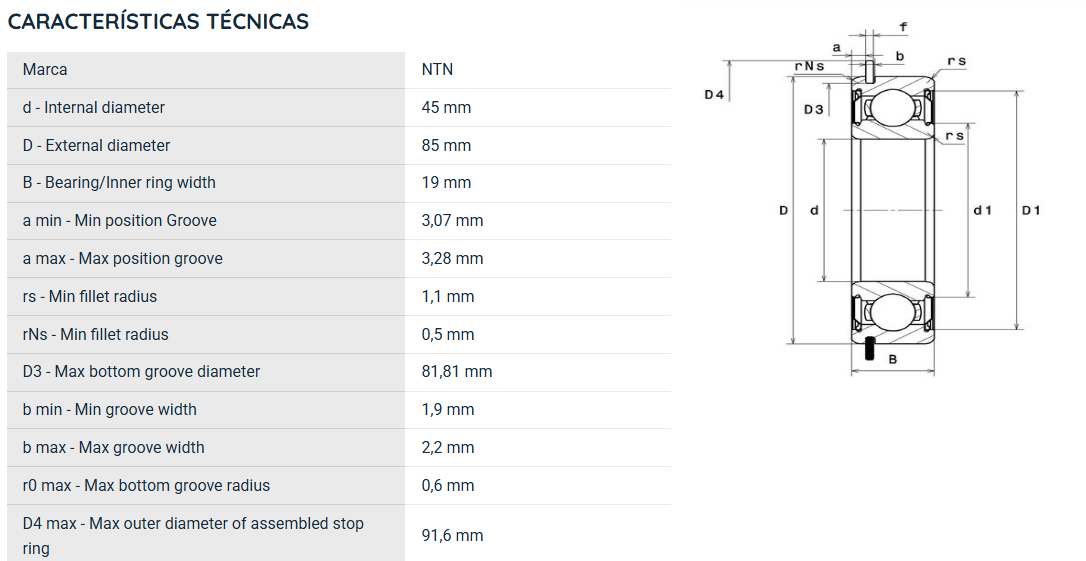 6209ZZNR NTN ROLAMENTO INDUSTRIAL FIXO ESFERAS 45X85X19(MM) 