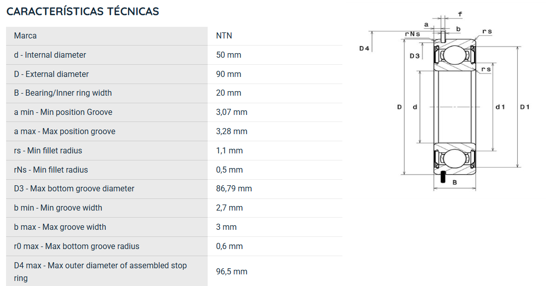 6210ZZNR NTN ROLAMENTO INDUSTRIAL FIXO ESFERAS 50X90X20(MM)