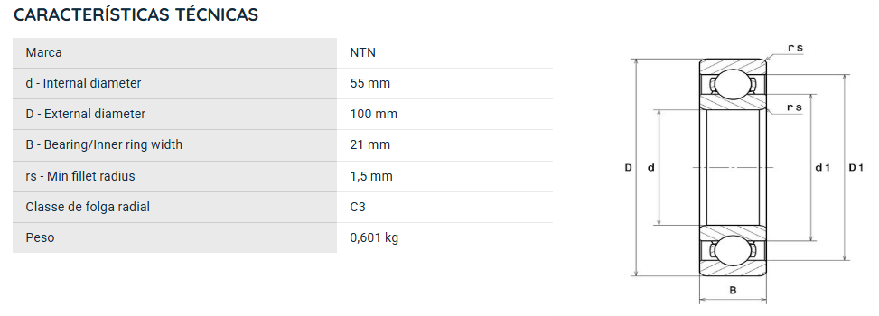 6211C3 NTN ROLAMENTO INDUSTRIAL FIXO ESFERAS 55X100X21(MM)