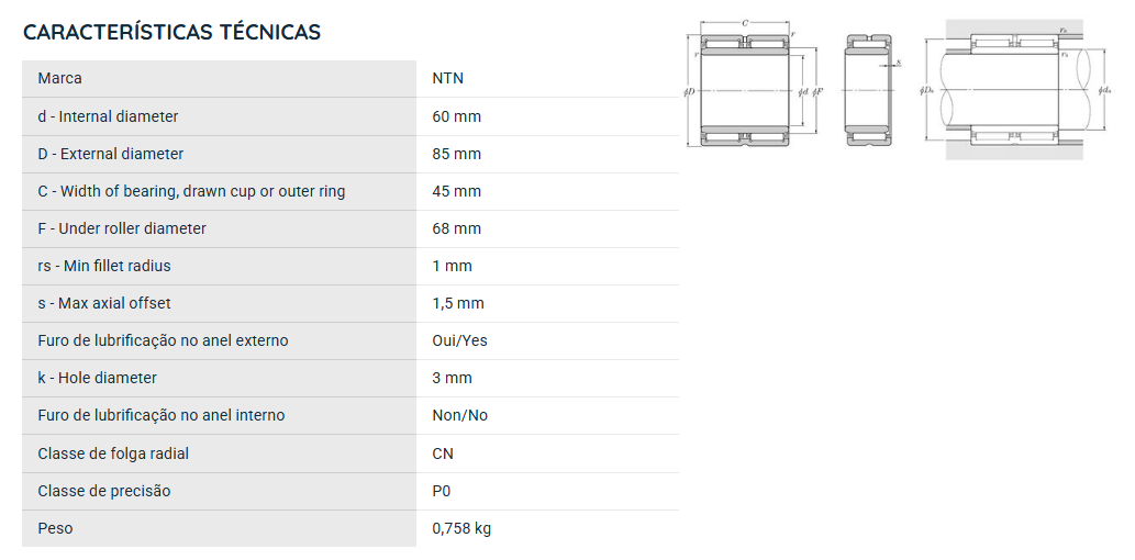 NA6912R NTN ROLAMENTO DE AGULHAS INDUSTRIAL 60X85X45(MM)