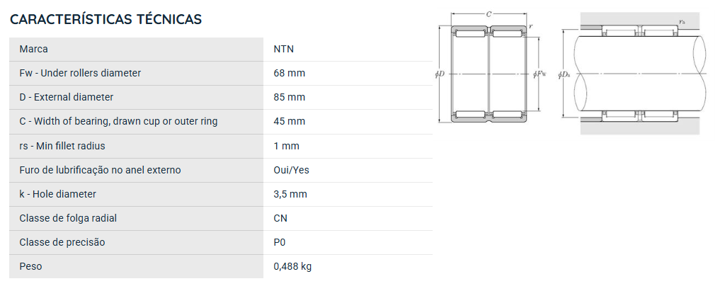 RNA6912R NTN ROLAMENTO DE AGULHAS INDUSTRIAL 68X85X45(MM)