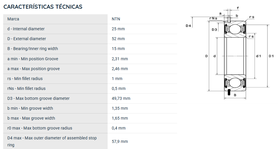 6205LLUNR NTN ROLAMENTO INDUSTRIAL FIXO ESFERAS 25X52X15(MM) COM RANHURA ANEL