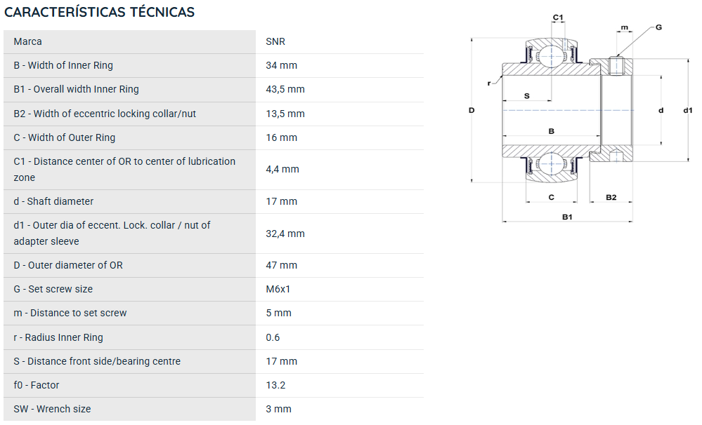 EX203G2 SNR ROLAMENTO FIXO ESFERAS 17X47X43,5