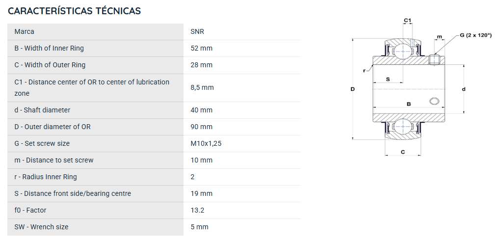 UC308G2 SNR ROLAMENTO FIXO ESFERAS 40X90X52