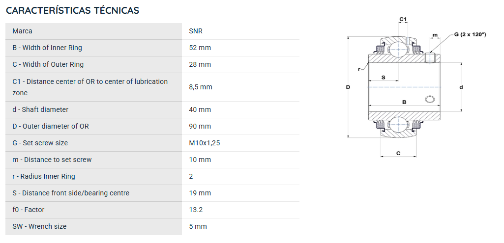 UC308G2L3 SNR ROLAMENTO INDUSTRIAL FIXO ESFERAS 40X90X52(MM)