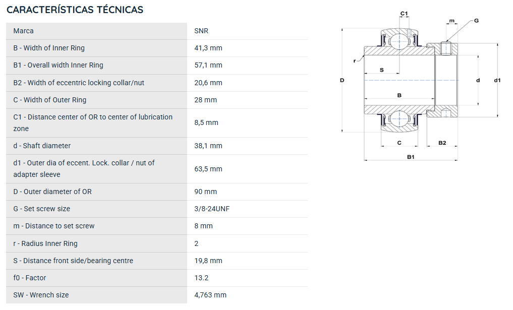 EX30824G2 SNR ROLAMENTO FIXO ESFERAS 38,1X90X57,1 GNE40=UG308 24