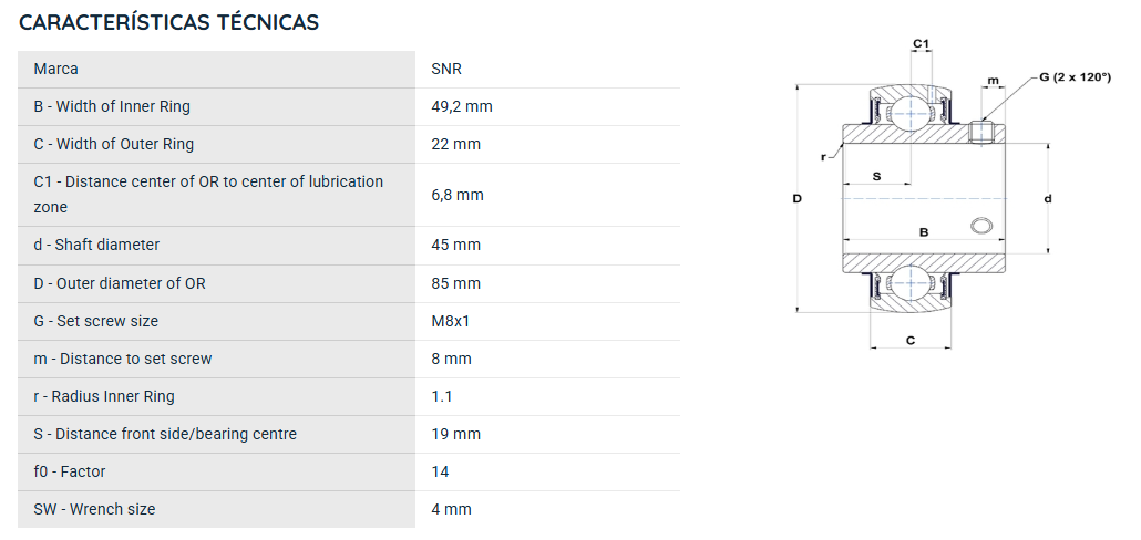 UC209G2 SNR ROLAMENTO FIXO ESFERAS 45X85X49,2 =UCR209=GYE45KRRB=YAR209