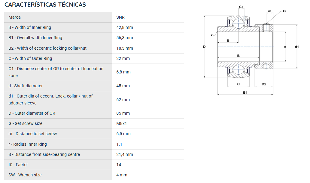 EX209G2 SNR ROLAMENTO FIXO ESFERAS 45X85X56,30 =GE45KRRB=NA209